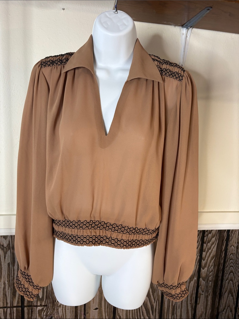 Woven Smocked Hem V-Neck Blouse in Tan